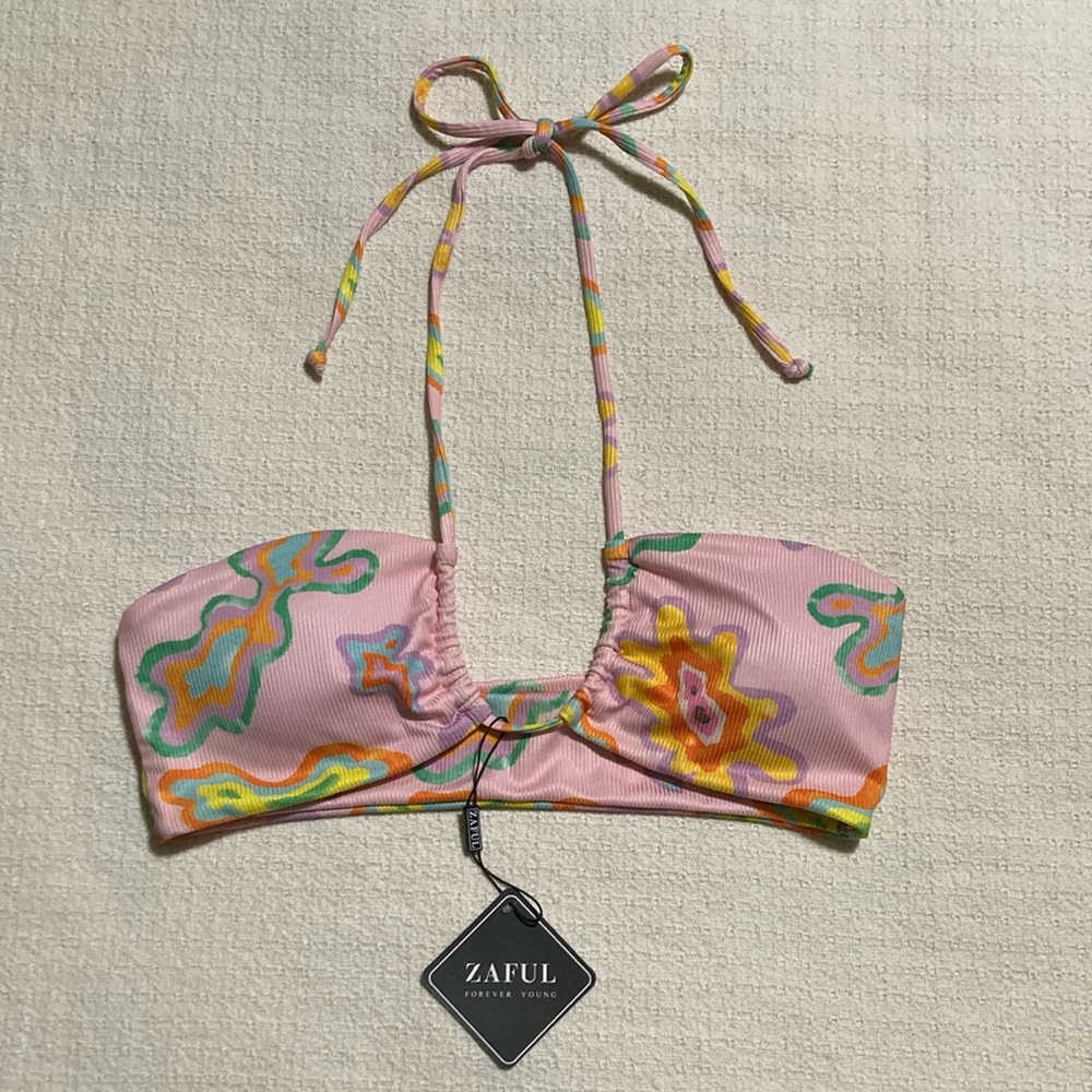 Zaful Pink Abstract Print Ribbed Adjustable Halter Bikini Top NWT Size 8 Large